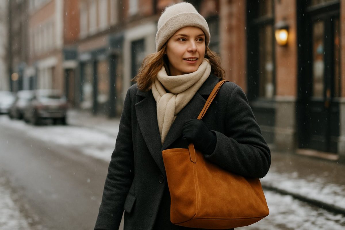 une femme avec un sacs en daim en hiver
