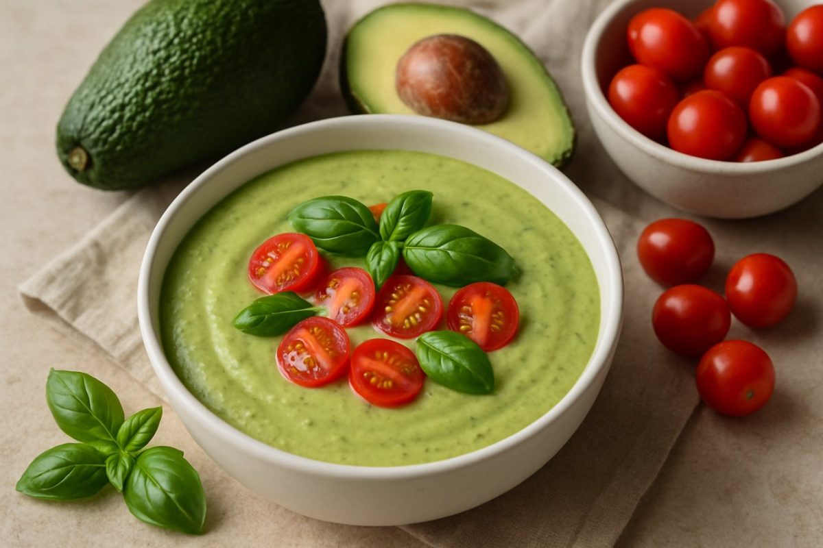 Gaspacho d'avocat aux tomates cerises et basilic