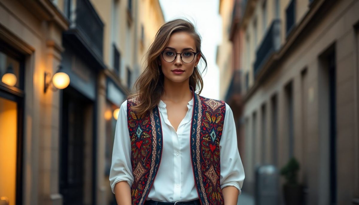 une femme porte un gilet bohème sur un chemisier