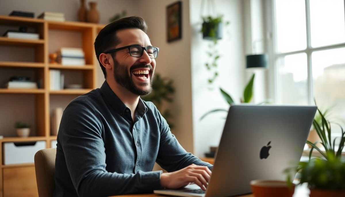 un homme avec qui rigole devant son ordinateur portable