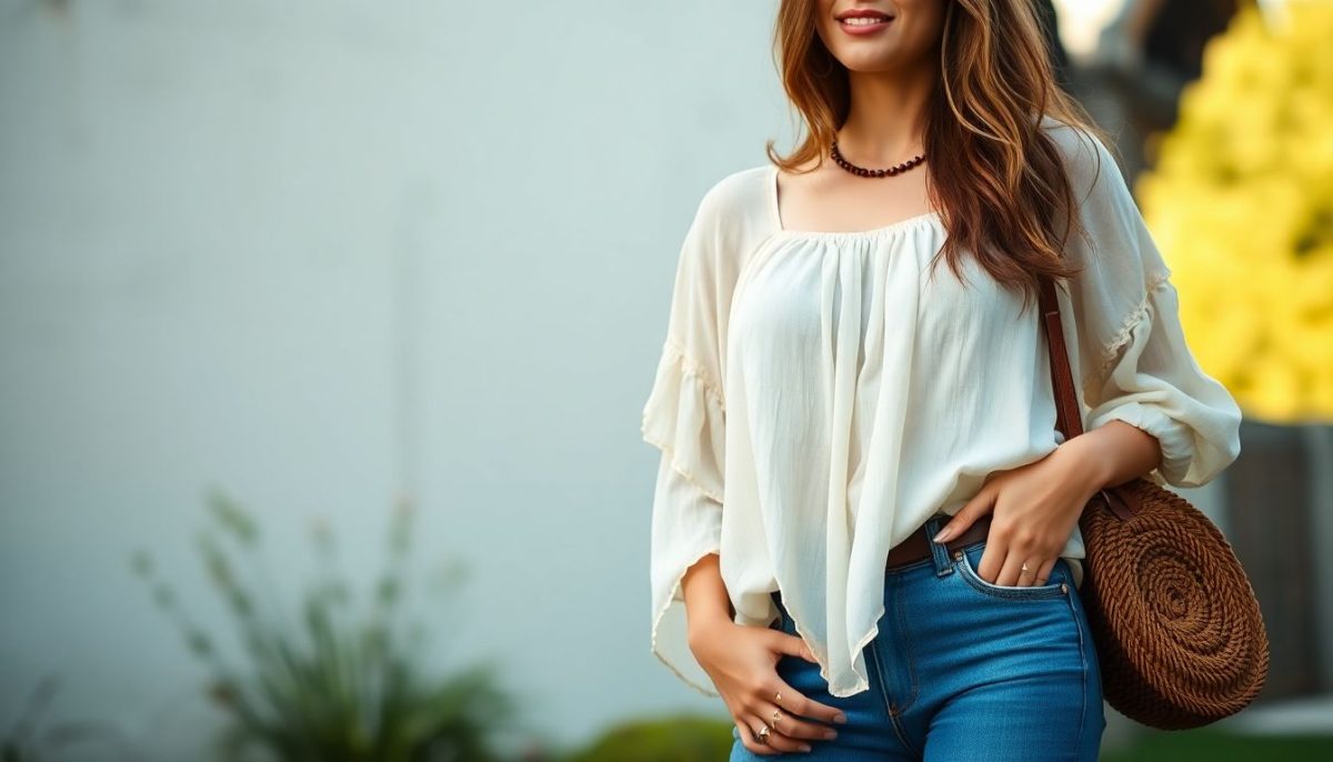 une femme avec un jean avec un style bohème chic avec une blouse fluide