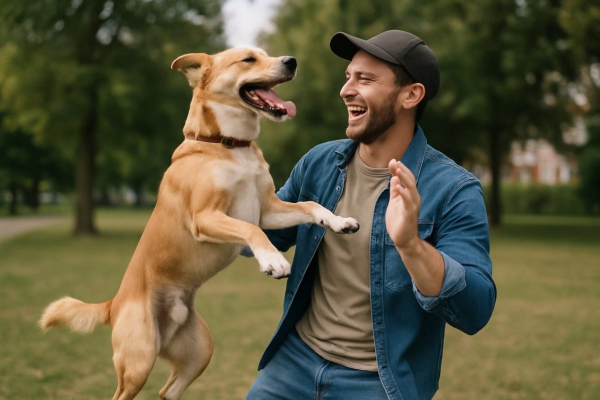chien heureux qui saute sur son maitre