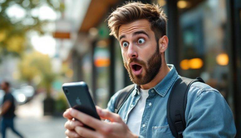 un homme regarde avec surprise son iphone