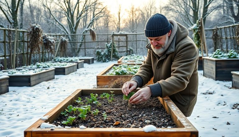 un jardinier plante des graines en hiver dans son potager