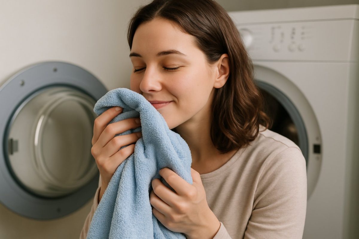 une femme sent le linge doux machine à laver