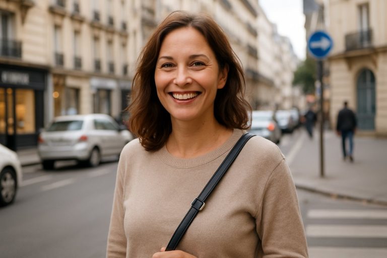 femme de 40 ans avec le sourire et un sac crossbody