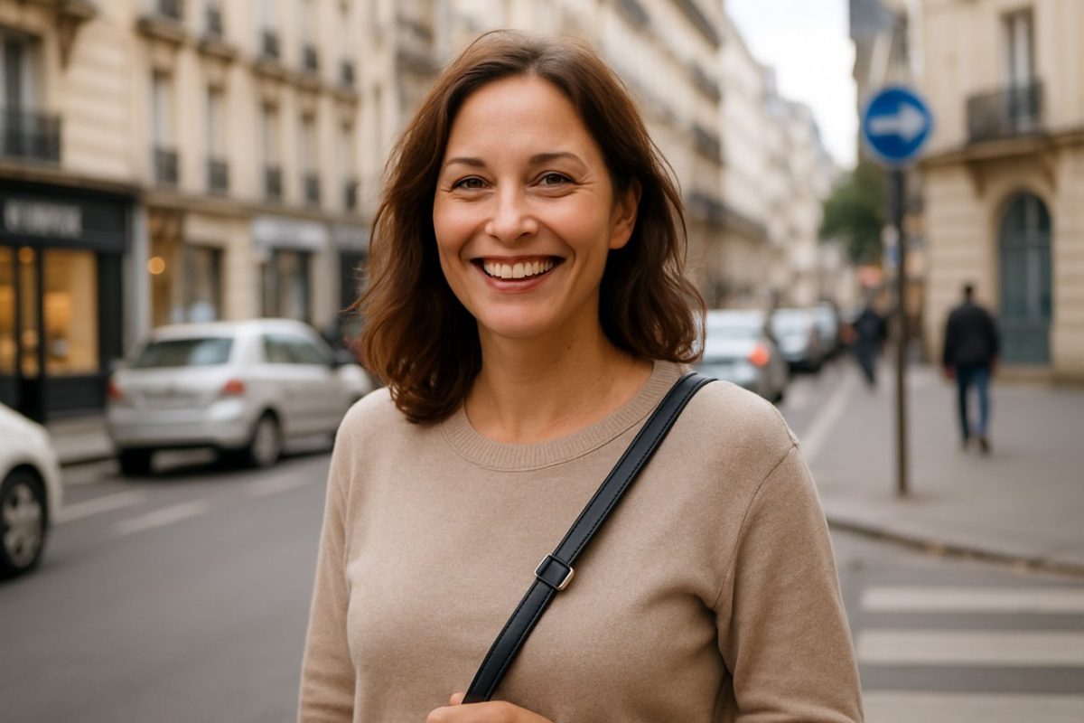 femme de 40 ans avec le sourire et un sac crossbody