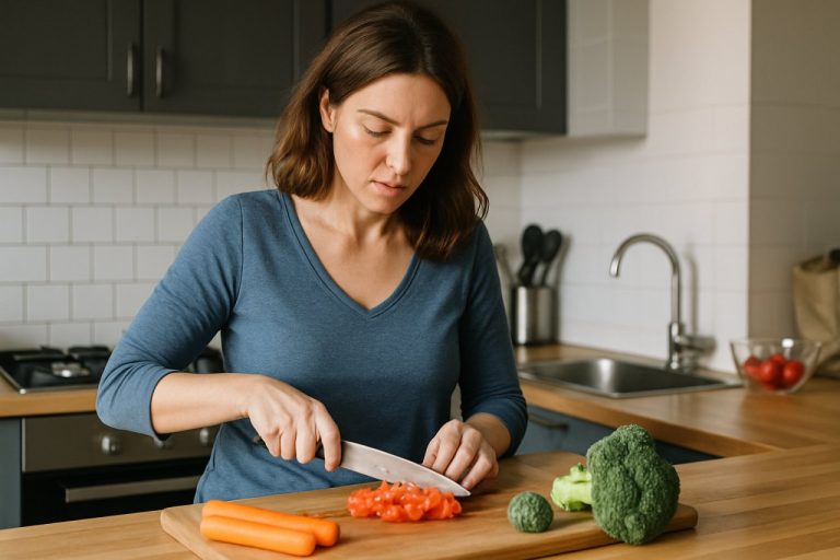 une femme coupe des aliments sur une planche à découper en cuisine