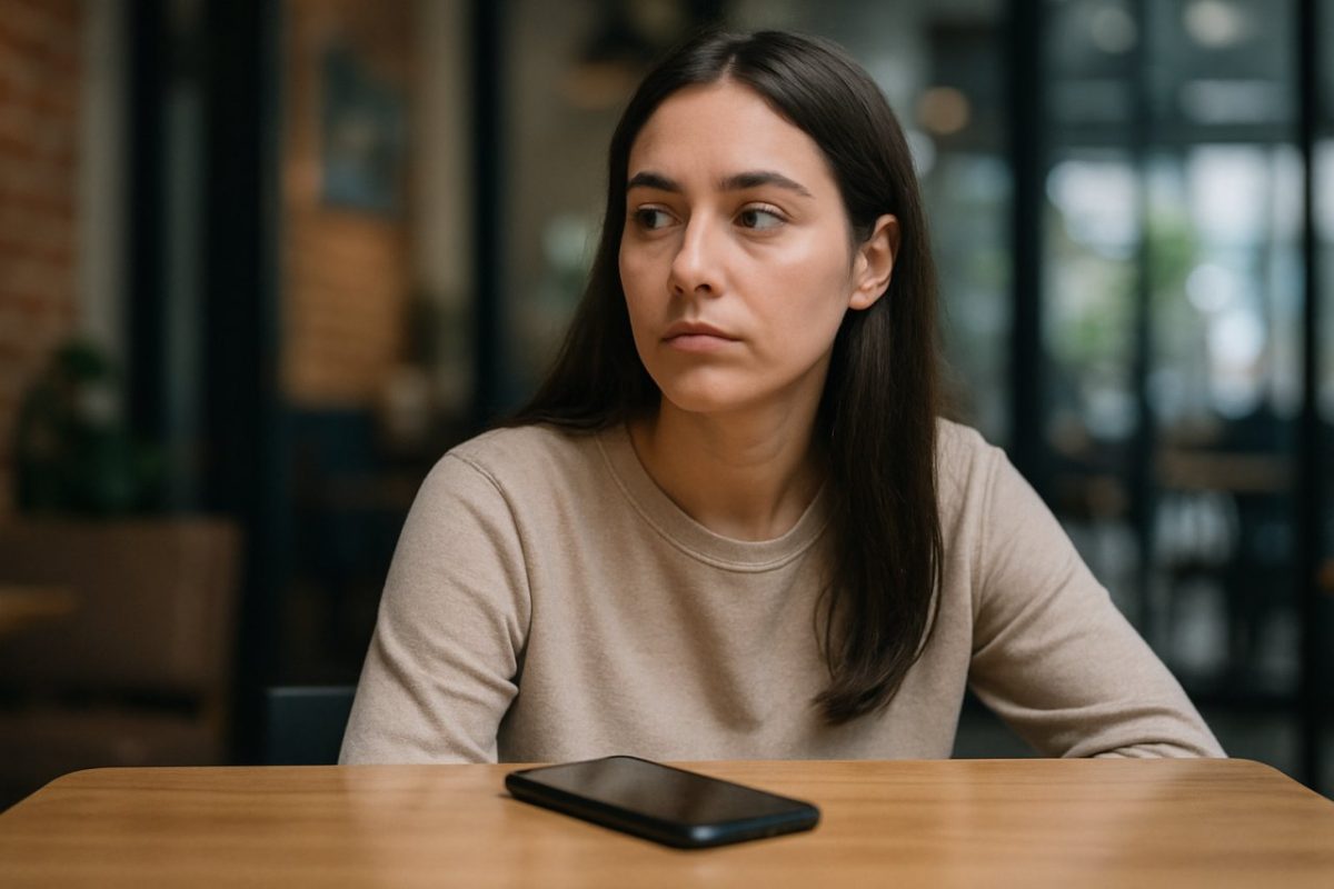 une femme détourne le regard de son smartphone posé sur une table