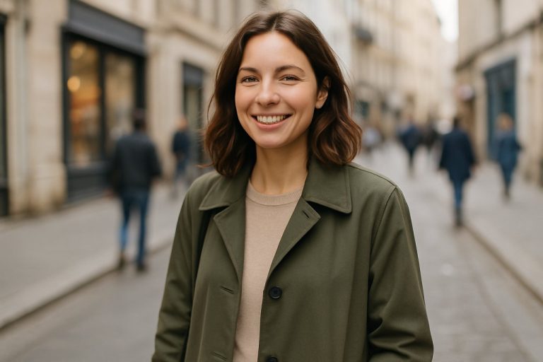 une femme avec le sourire qui porte une veste mi-longue