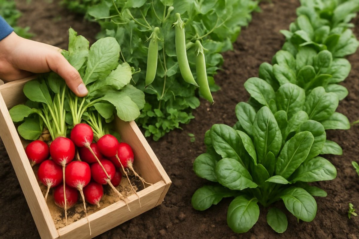 radis, petits pois, épinards au potager
