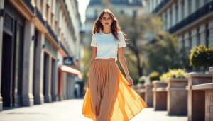 femme avec une jupe longue fluide associée à un simple t-shirt blanc