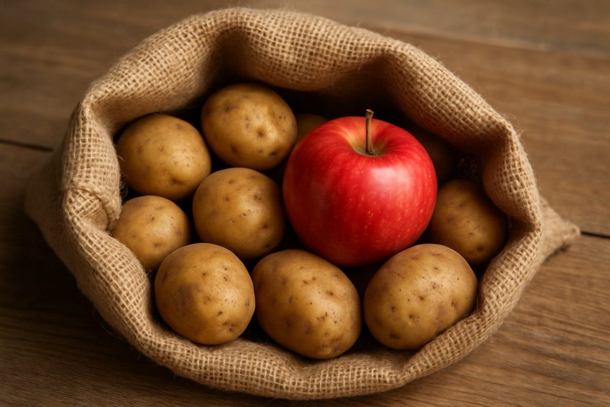 pomme dans sac de pommes de terre