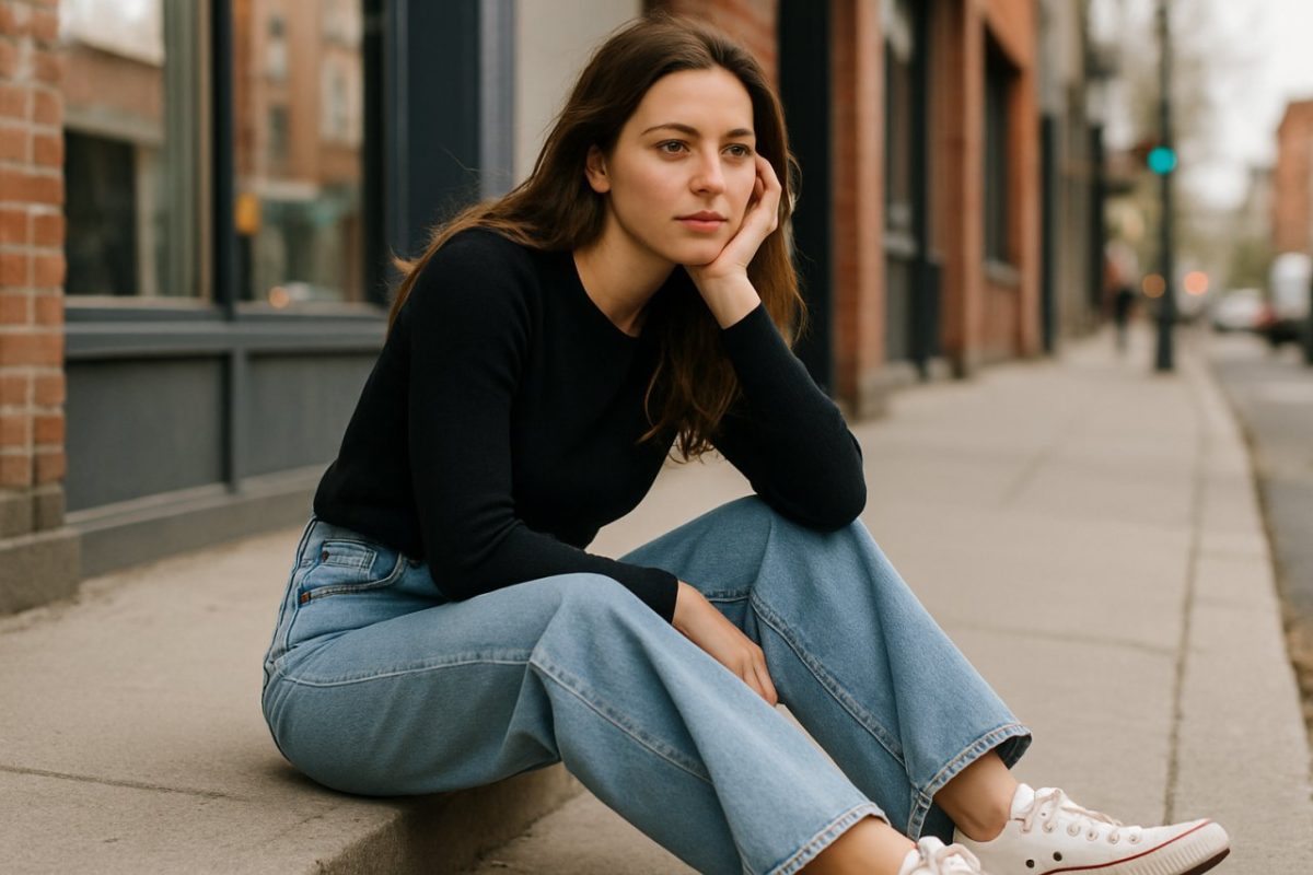 femme avec des sneakers et jean large
