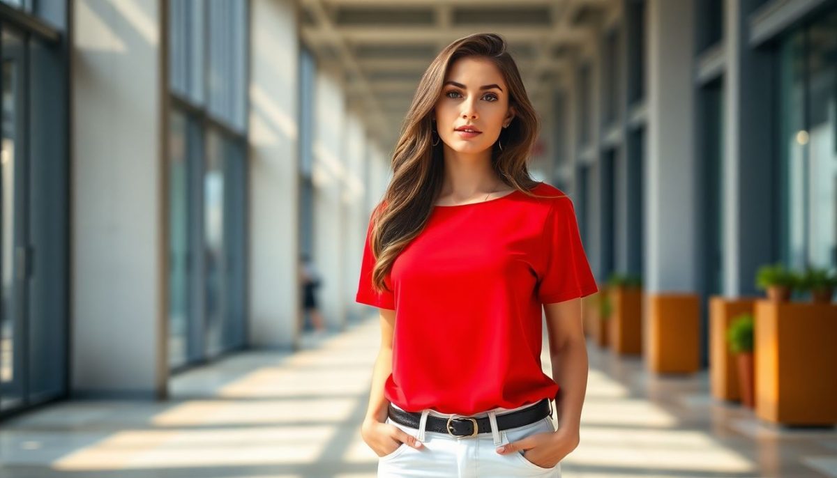 une femme avec un haut rouge vif et un jean blanc