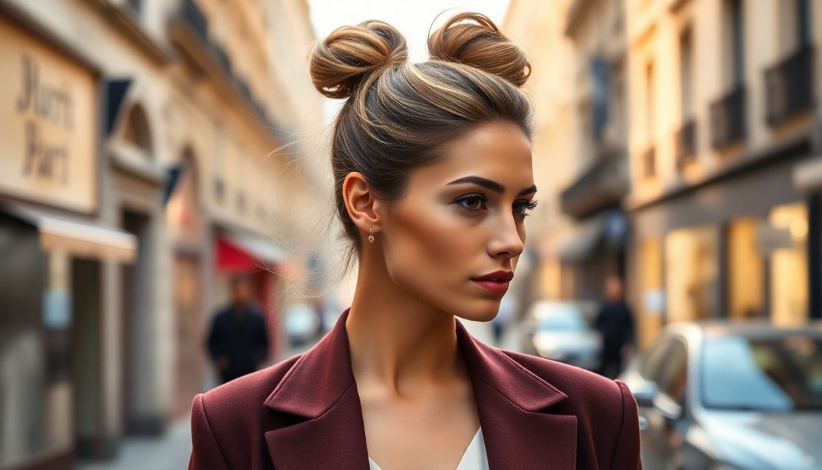 femme avec coupe de cheveux Bubble ponytail