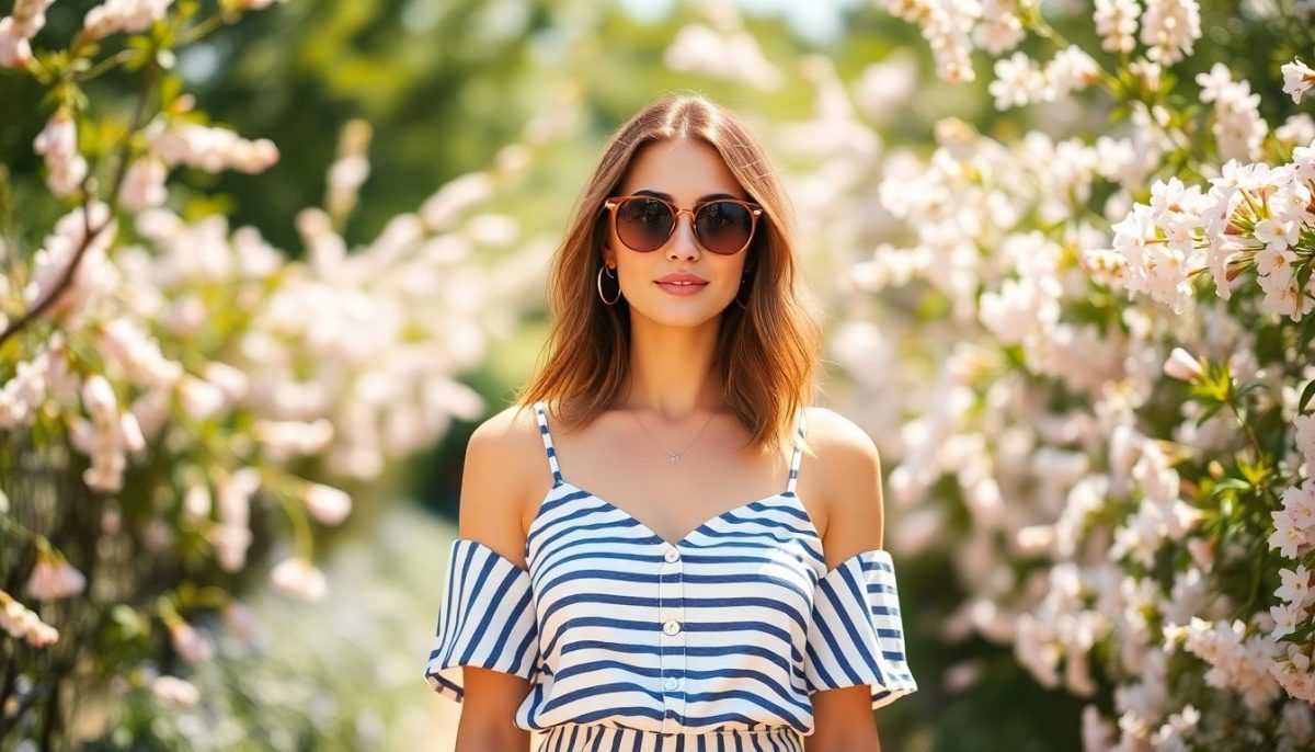 femme avec des vêtement avec des rayures en été