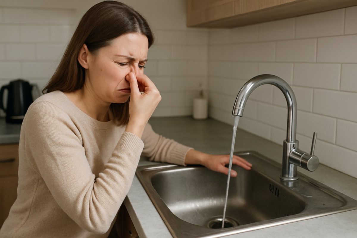 une femme ce pince le nez à cause des mauvaise odeurs qui sort de son évier
