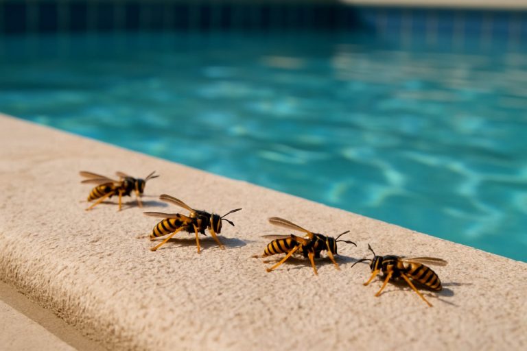guêpes au bord d'une piscine