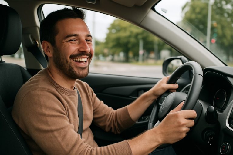 un homme heureux conduit une voiture