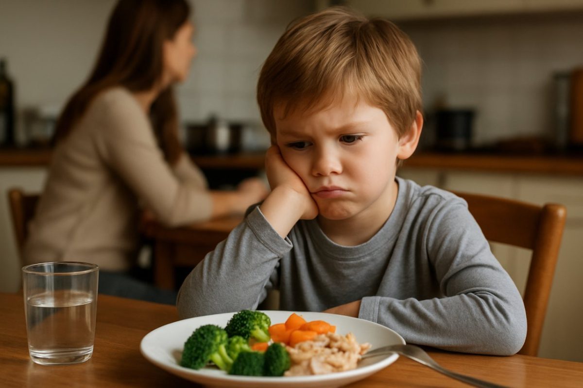 Un enfant boude à table et ne veut pas manger