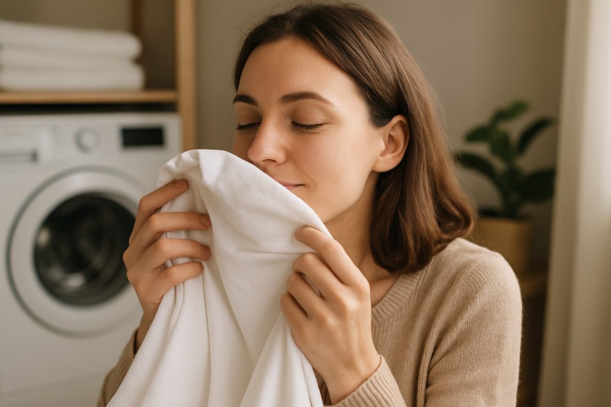Une femme sent des draps qui sentent bon