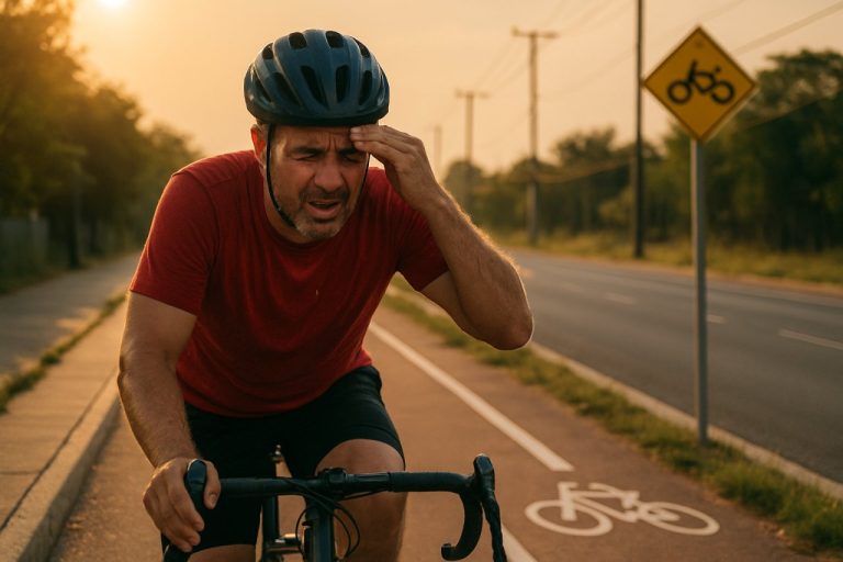 un homme fait du vélo sur une piste cyclable lors de fortes chaleurs