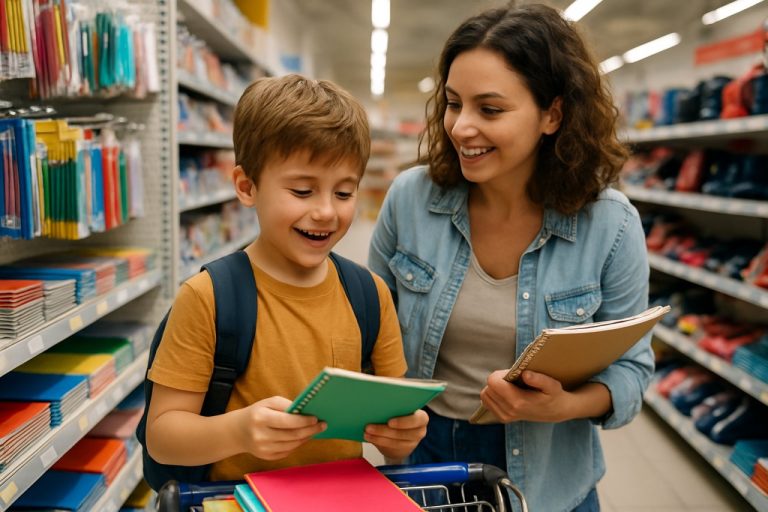 une mère et son enfant font des achats de fournitures scolaire dans un magasin