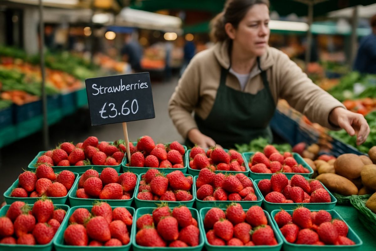fraises sur un stand au marché